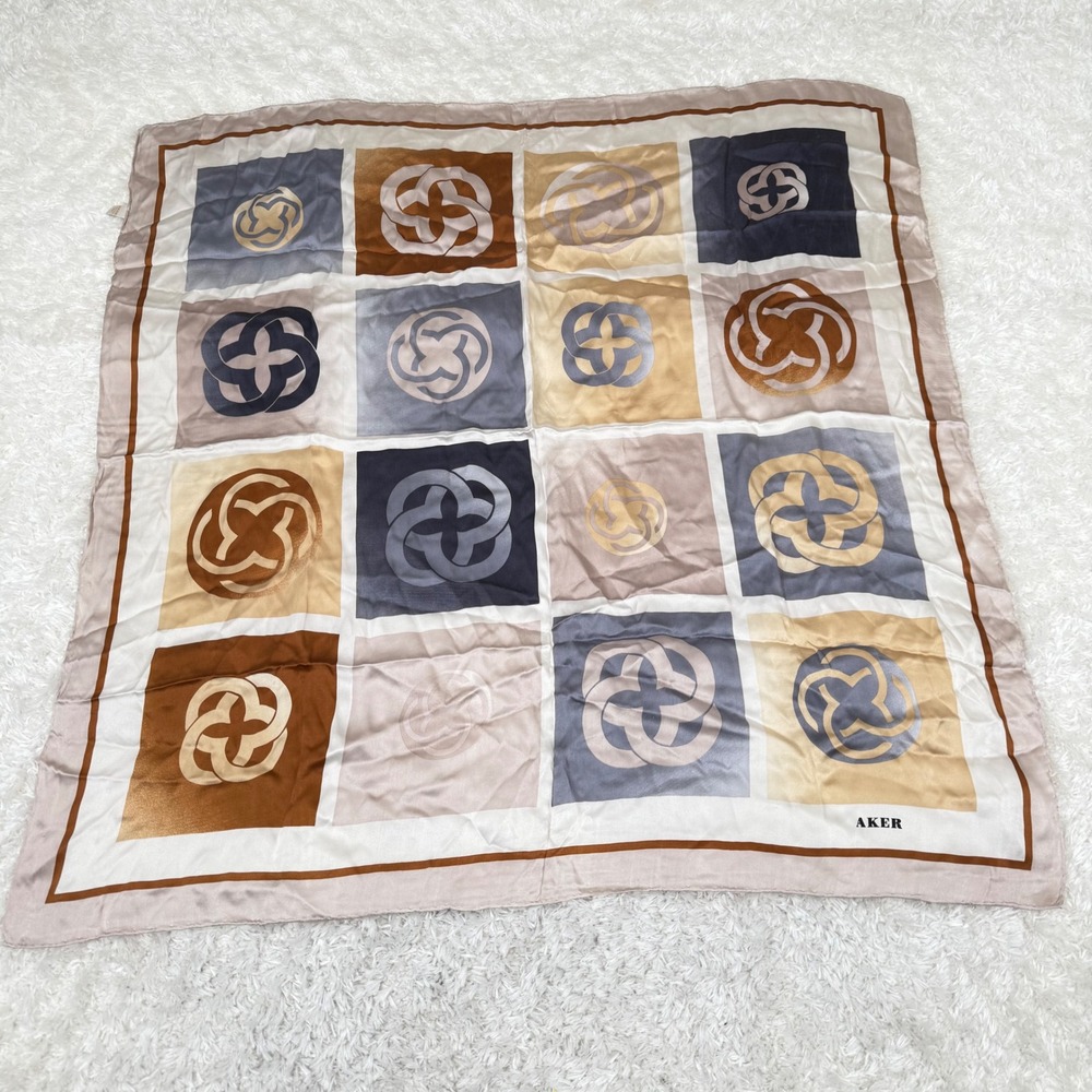 Aker Silk Scarf Neutral Color Block Print Square Neckerchief Head Wrap Turban